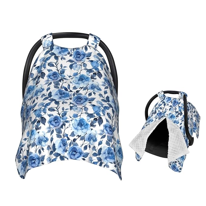 Blue Rose Floral Baby Car Seat Canopy Nursing Cover for Newborn Car Seat Breastfeeding Covers Blanket Newborn Shower Gift
