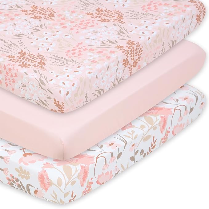 The Peanutshell 3 Pack and Play Crib Sheets Fitted - Universal Pack N Play Sheets for Pack and Play Mattress, Soft & Breathable Playard Bedding for Graco, Mini Crib Sheets Girl Fitted, Pink Floral