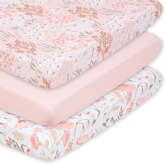 The Peanutshell 3 Pack and Play Crib Sheets Fitted - Universal Pack N Play Sheets for Pack and Play Mattress, Soft & Breathable Playard Bedding for Graco, Mini Crib Sheets Girl Fitted, Pink Floral