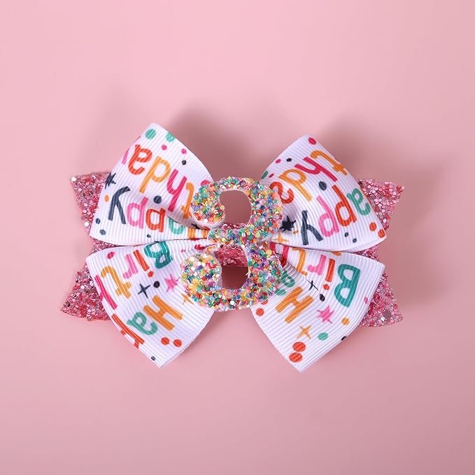 4" Glitter Happy Birthday Hair Bow Clips for Women, Pink Ribbon Cheer Bow Barrettes Alligator Hairpins, Confetti Ice Cream Party Dress Accessories, Her 3rd Birthday Gift