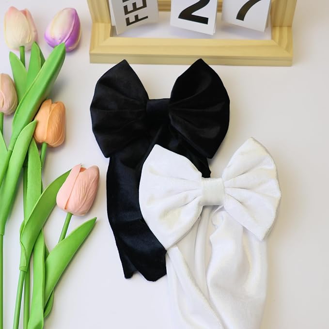 Velvet Blcak Baby Headbands Big Bows for Baby Girls Velvet Soft Hairbands Bows Wide Head Wrap White Hair Accessories for Newborn, Infant Toddlers 0-6Months