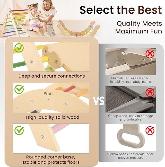 Belleur Pikler Triangle Set, 7-in-1 Foldable Climbing Toys for Toddlers 1-6 Years Old, Wooden Montessori Climbing Set with Arch, Ramp & Ladder, Baby Indoor Climber Jungle Gyms - Rainbow