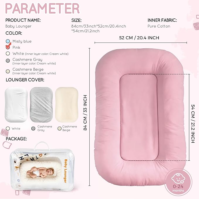 Baby Lounger & Snuggle Nest for Newborn 0-24 Months, Baby Nest Supervised Breathable Cotton for Newborn, Breathable Portable Infant Lounnger for Travel and Home, Pink (Lounger Cover Included)