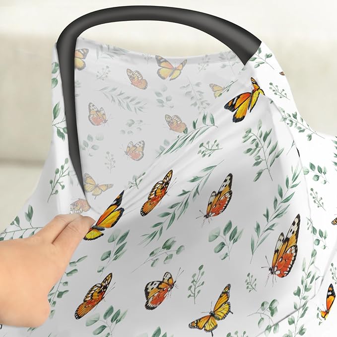 Butterflies Green Leaves Baby Car Seat Covers Spring Garden Stretchy 5-in-1 Cover Adjustable Car Canopy Cover Boho Greenery Breathable Nursing Cover-Up