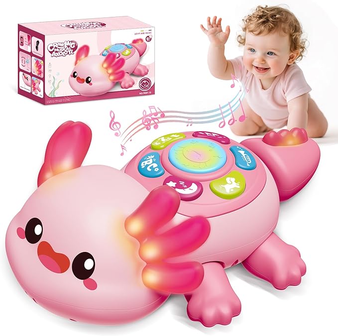 Baby Toys 6 to 12 Months, Light Up Tummy Time Toy for 12-18 Months, Crawling Axolotl Early Educational Musical Toy with Light, Christmas Birthday Gifts for Infant Baby 6-12 Month 1 2 Year Old