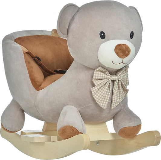 Qaba Kids Rocking Horse, Bear-Shaped Plush Toddler Ride on Horse with Sound, Wooden Base & Safety Belt for 18-36 Months, Gray