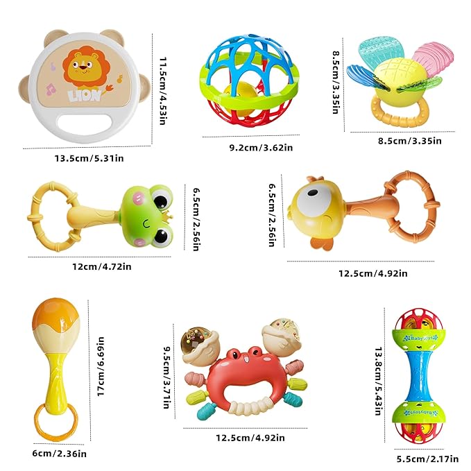 Infant Rattle and Teether Toy Set, 8PCS Baby Rattles Toys with Crinkle Sound,Teething Ring,Squeeze Toy for 3+ Months,Colorful Animal Design (Lion, Crab, Frog, Bird) for Sensory Development