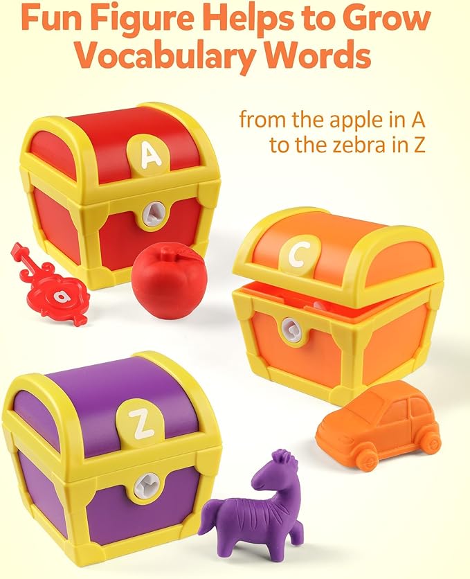 Coogam Alphabet Learning Toys for Toddlers, 26pcs Surprise Letters Treasure Locks with Keys, Uppercase Lowercase ABC Matching Color Sorting Game, Montessori Fine Motor Skill Gift for 3 4 5 Year Old