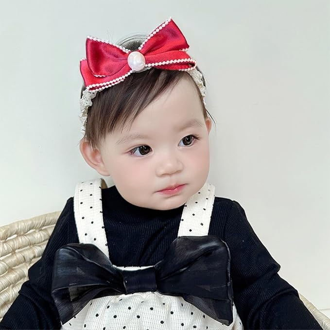 Bow Lace Headbands for Baby Girls Soft Tulle Ribbon Pearl Head Wrap Elastic Bow-knot Hair Band Shower Birthday Hair Accessory for Newborn Infant Toddler (Red A, Elastic)