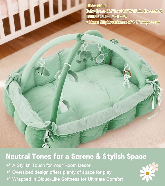 5-in-1 Baby Play Gym and Tummy Time Mat, 12 Learning Cards, Plush Activity Mat with 6 Toys, Baby Gym, Convertible to Ball Pit, Baby Gift, Sage Green