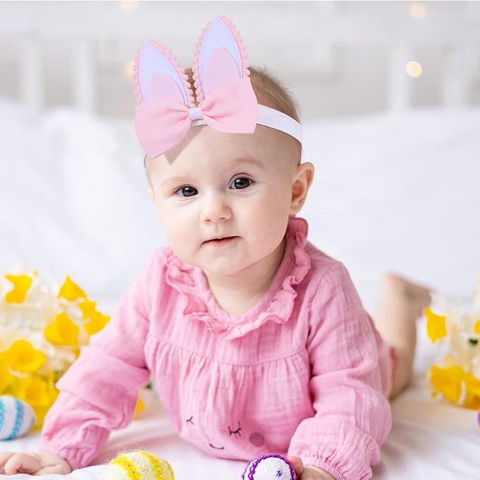 Easter Bows for Baby Girls, 3pcs Rabbit Ears Baby Headbands Pink Elastic Newborn Infant Bow Toddler Headband for Girls Hair Accessories Pink Bunny