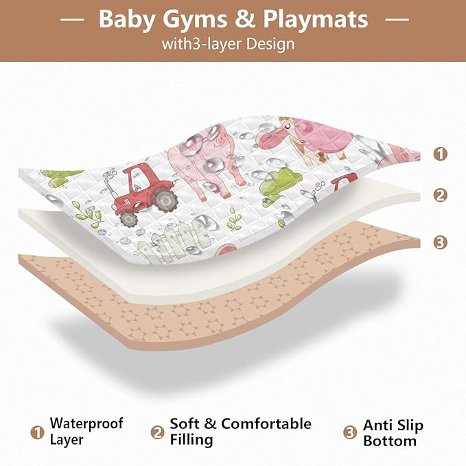 Baby Play Mat Cute Farm Cow Pig and Tractor 50 x 50 Playpen Mat Baby Play Mats for Floor Play Gym Crawling Mat Non-Slip Cushioned Baby Playmat for Infants, Babies, Toddlers