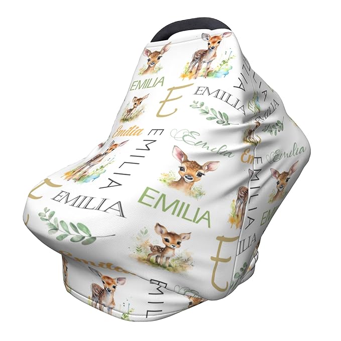 Personalized Baby Car Seat Covers for Babies, Custom Deer Nursing Breastfeeding Carseat Canopy with Name, Infant Stroller Covers for Newborn Girls Boys, Breathable Carseat Cover