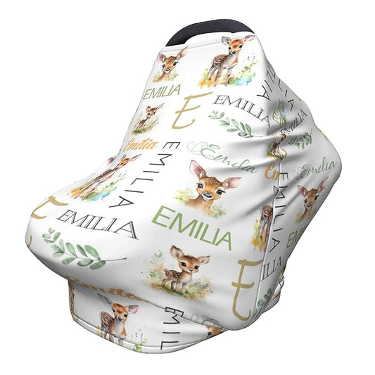 Personalized Baby Car Seat Covers for Babies, Custom Deer Nursing Breastfeeding Carseat Canopy with Name, Infant Stroller Covers for Newborn Girls Boys, Breathable Carseat Cover