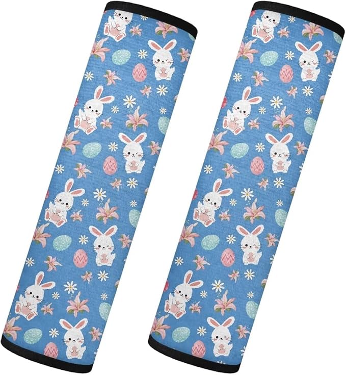 Easter Shoulder Protectors Set of 2 Bunny Seat Belt Covers Cushion Lily Shoulder Strap Pad Eggs Car Safety Seat Belt Strap Shoulder Pad Compatible with All Cars and Backpack for Adults Youth