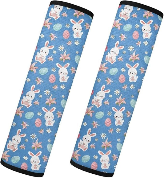 Easter Shoulder Protectors Set of 2 Bunny Seat Belt Covers Cushion Lily Shoulder Strap Pad Eggs Car Safety Seat Belt Strap Shoulder Pad Compatible with All Cars and Backpack for Adults Youth