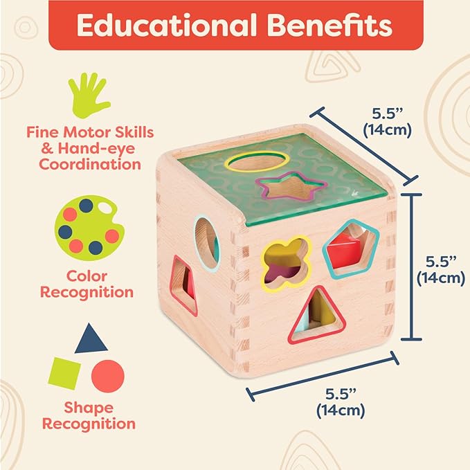 B. toys – Wonder Cube– Developmental Toy– Wooden Shape Sorter Cube – 9 Colorful Shapes – Educational Wooden Toy for Toddlers, Kids – 18+ Months