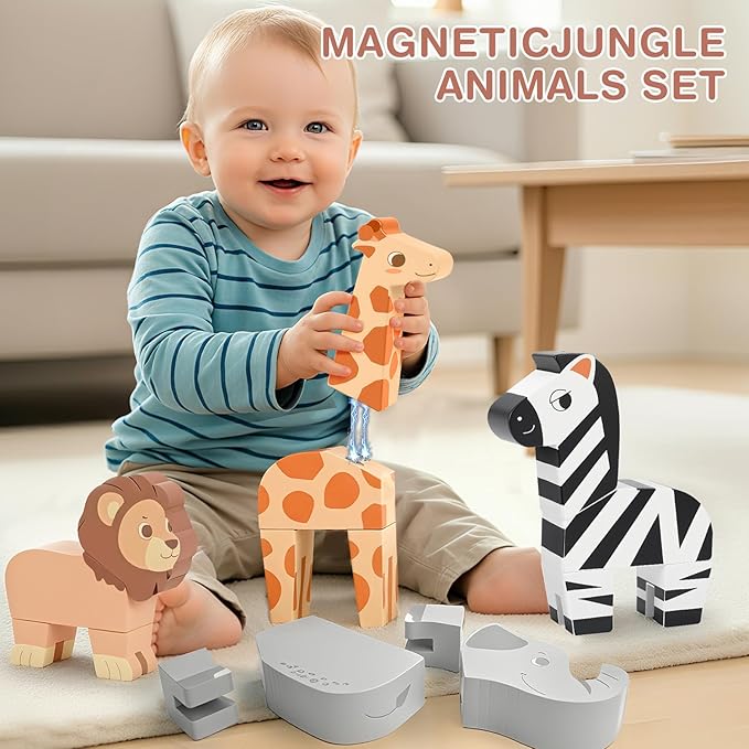 Joyreal Magnetic Jungle Animals Toy Play Set, 16 Pcs Wooden Building Blocks Play Set Toy for 1 Year Old, Fine Motor Montessori Game Preschool Educational Gift for Ages 1-5