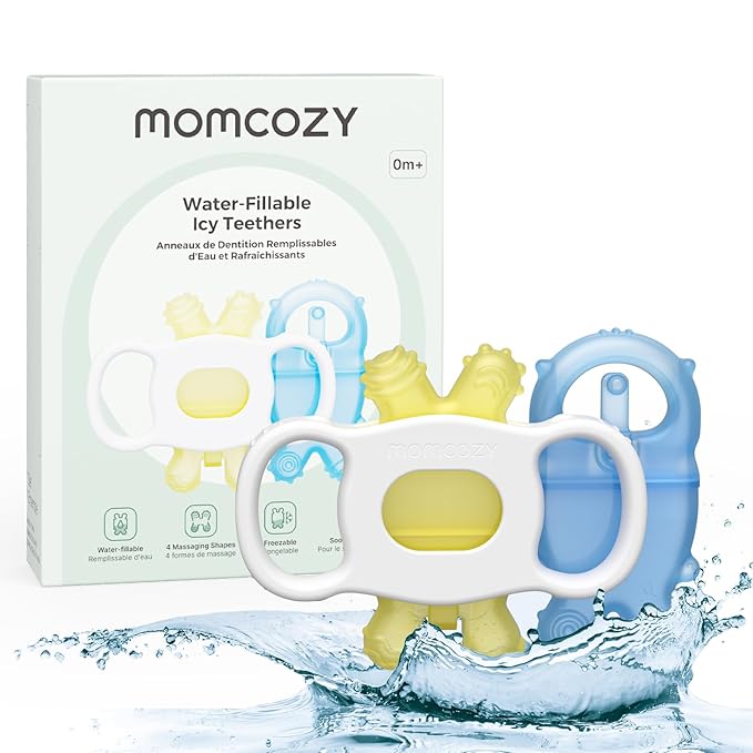 Momcozy Baby Teether Toys | Food Grade Silicone Teething Relief 0-6 Months | Toy 6-12 Months | Baby Essential | Yellow and Blue