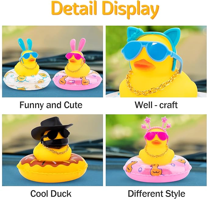 wonuu Car Duck Rubber Duck Car Ornaments Duck Car Dashboard Decorations with Cute Headband Swim Ring Necklace Sunglasses, B-Blue Star Headband-Transparent