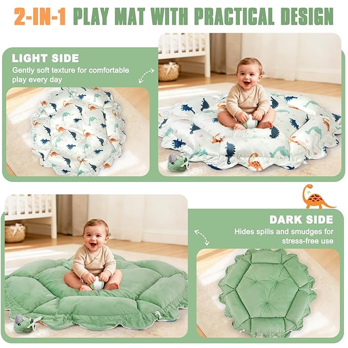 5-in-1 Baby Gym Play Mat with Cartoon Pattern, Extra Thick Plush Tummy Time Activity Gym with Hanging Toys, Sensory Development & Motor Skills Training Floor Mat, Dinosaur