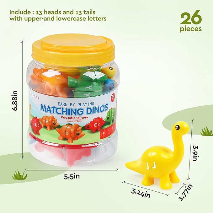 Alphabet Dinosaurs Matching Toy, Toddlers ABC Learning Dinosaurs with Uppercase Lowercase, Match and Snap Fine Motor Game Preschool Learning Activities Exchange Birthday Gifts for Kid Boys & Girls
