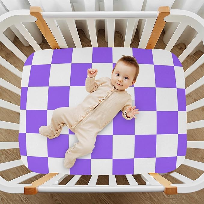 Baby Crib Sheet Purple Checkerboard Crib Mattress for Boys and Girls Playard Sheet Soft Breathable Fitted Baby Mattress Cover 52x28in