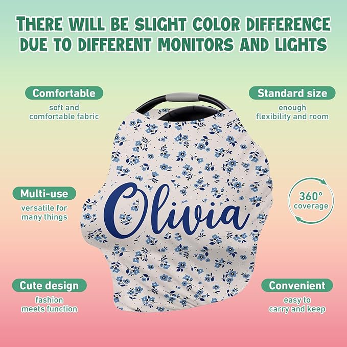 Custom Name Car Seat Canopy - Baby Car Seat Covers, Infant Stroller Cover, Carseat Canopy Christmas Birthday Gifts for Girls and Boys Blue Flower Printing