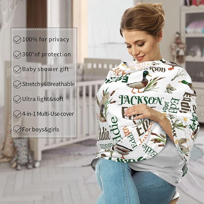 Personalized Baby Car Seat Cover for Boys Girls, Custom Wild Ducks Nursing Covers for Breastfeeding with Name, Infant Stroller Cover, Baby Carseat Canopy for Newborn, Multiuse Car Seat Canopies