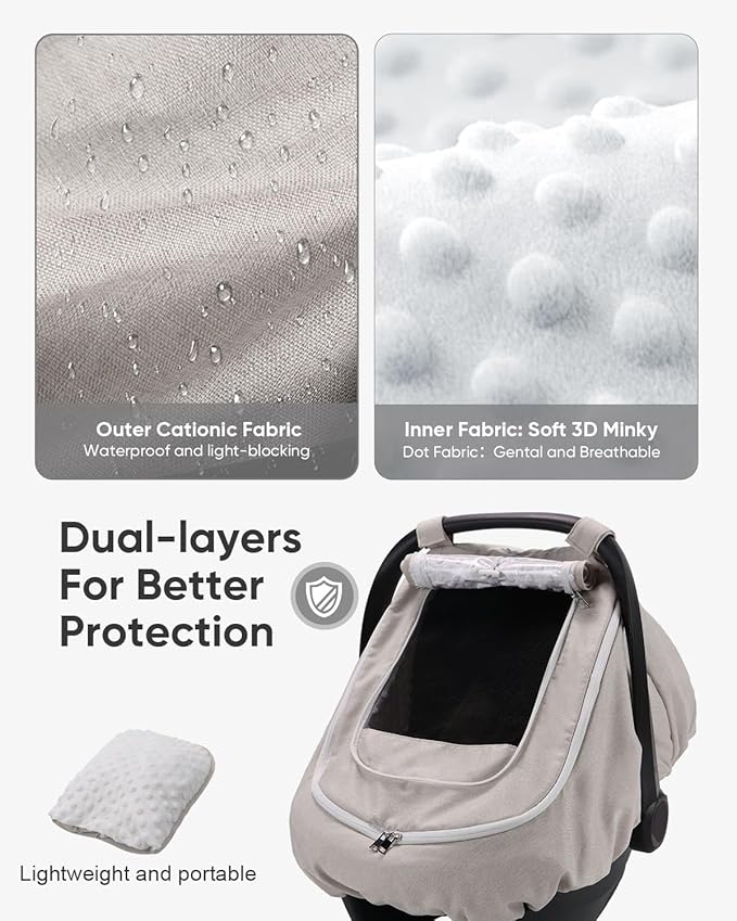 TinlyFinly Waterproof Car Seat Cover for Baby, 2-Layer Car Seat Rain Cover with Clear Window & Sunshade & Mesh Cover, Universal Infant Carseat Canopy for Stroller, Protect from Rain and Snow - Beige