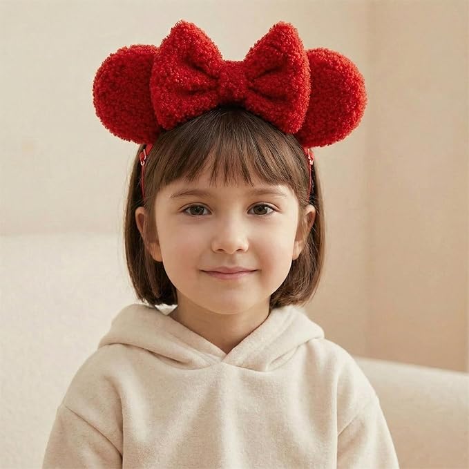 Adjustable Wool Mouse Ears Elastic Headband with Bow, Fluffy Fleece Hair Bow Hairband for Infant Toddlers Baby Girls