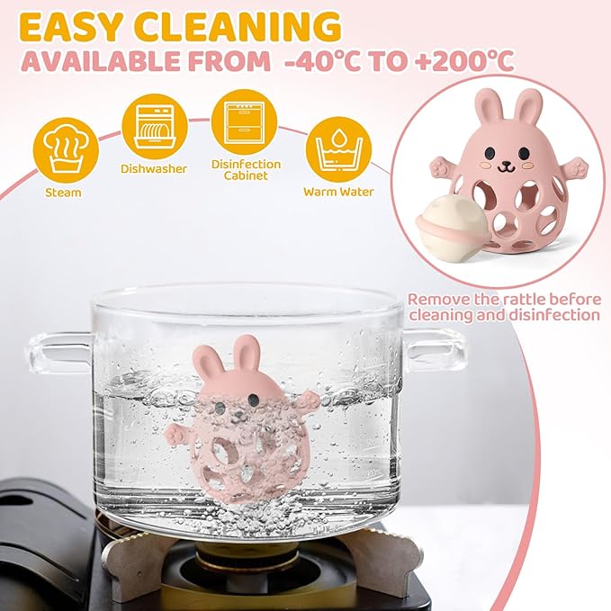 Orzbow Bunny Teether for Baby, Easter Teether with 2 in 1 Rattle & Teething, Easy Grasp Teething Mittens for Babies 3-12 Months, Food Grade Silicone, Newborn Infant Easter Basket Stuffers Gifts, Pink