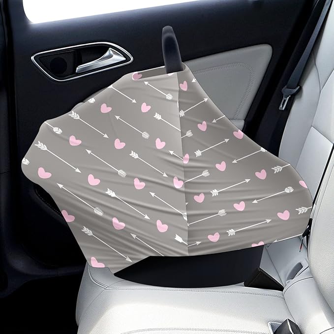 Baby Car Seat Stroller Covers White Arrows Pink Heart Grey Nursing Cover Breastfeeding Scarf Soft Breathable Stretchy Coverage Carseat Canopy Cover for Boys and Girls Soft Breathable Multi Use
