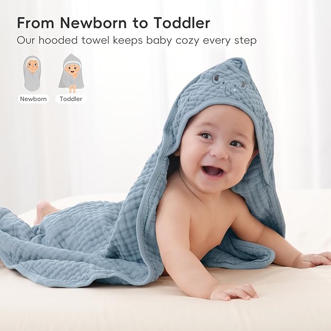 PHF 100% Muslin Cotton Baby Hooded Towels, 2 Pack Bath Towel with Hood for Newborn, Infant, Toddler, Ultra Soft and Absorbent Baby Bath Essentials, Shower Gifts for Boys, 32x32Inch, Woodland