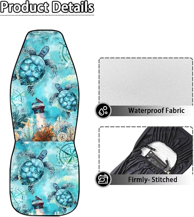 Blue Turtle Car Seat Covers Front Seats Anti-Slip Back Fabric Waterproof Car Seat Cover Easy to Install Stretch Polyester Fabric Cover Universal Fit for Most Vehicle