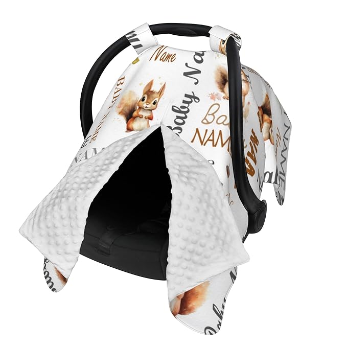Personalized Winter Baby Car Seat Cover with Name Squirrel Winter Car Seat Cover for Baby Seat or Stroller Custom Infant Car Seat Covers Minky Blankets Nursing Cover Breastfeeding Scarf