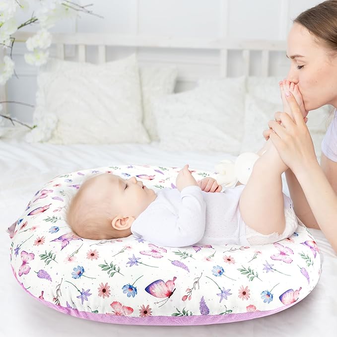 Newborn Lounger Cover for Boys Girls, Soft Comfortable Baby Lounger Cover 1 Pack Reversible Removable Fleece Slipover for Infant Lounger Pillow, Butterfly (Cover Only)