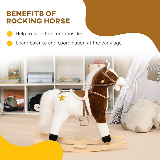 Qaba Rocking Horse with Sound, Ride on Horse with Saddle, Toddler Rocker, Gift for 3-8 Year Old, Brown