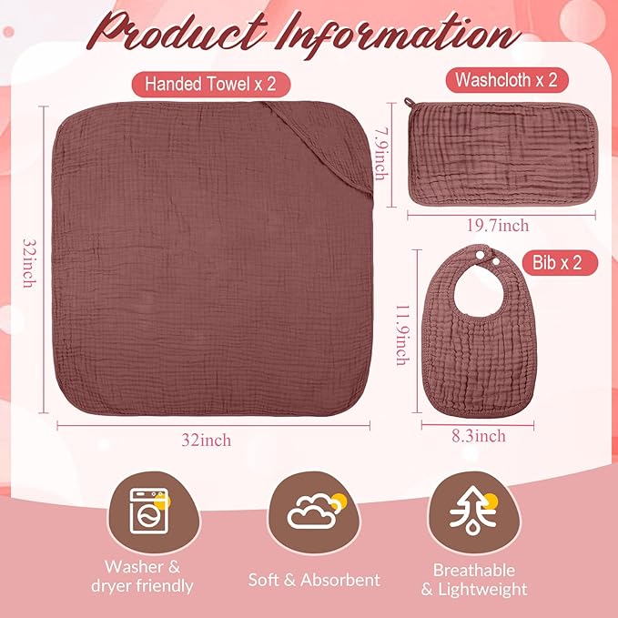 Hahafelt 6 Pcs Muslin Hooded Bath Towels Washcloths and Bibs Set, Muslin Cotton Baby Towels Absorbent Hooded Blanket Towel Infant Bibs for Boys Girls Newborn Infant Essential (Dusty Rose, Deep Rose)
