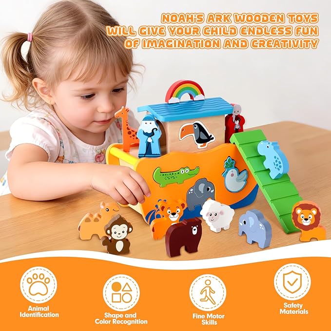 Hoarosall 27-Piece Wooden Noah's Ark Toy for 1-3 Year Olds Baptism Christmas Birthday Gift Bilingual Bible Story Montessori Shape Sorter Christian Educational Toy for Boys Girls
