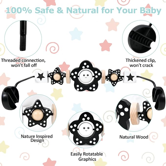 Wooden Baby Bouncer Toy Bar Attachment, Sensory Toy for Newborn to Toddler Boys Girls, Easy Install & Remove, Baby Bjorn Compatible (Black)