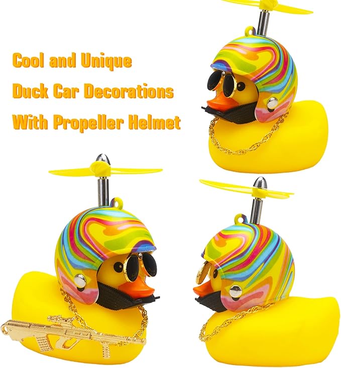wonuu Rubber Duck Car Ornaments Cool Yellow Duck Car Dashboard Decorations Squeaky Glasses Duck with Propeller Helmet for Car ccessories Dashboard (Rainbow-Yellow G)