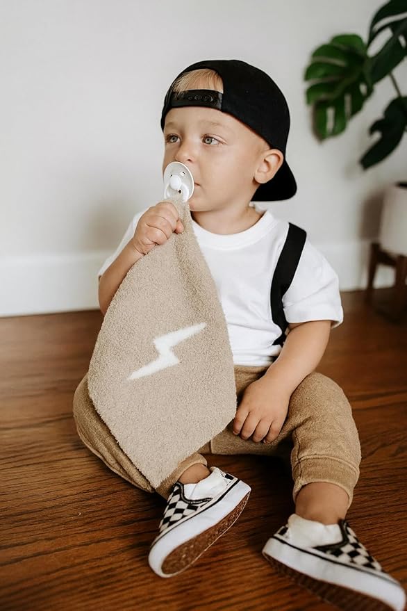 L+L USA Lightning Bolt Baby Lovey Pacifier/Teether Holder 10"x10" - DreamSoft Plush Fluffy Cuddly Soothie Reversible Mini Comfort Blanket - Cute Newborn Gift Essential Babies Boys Girls (Tan/White)