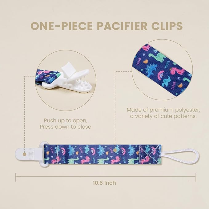 Baby Pacifier Clip,Paci Leash Binky Clips for Baby Boys and Girls,Newborn Essentials,Pack of 6 Gift Set. (Dinosaur)