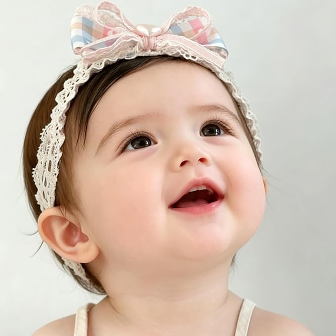 Baby Girls Hairbands Bow Lace Headband Handmade Soft Stretchy Pink Bowknot Hairbands Newborn Hairband with Bows Elastic Hair Bands for Kids Infant(Pink Blue Heart Bow