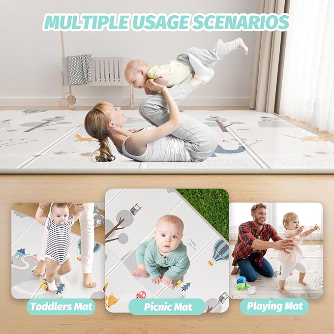 Foldable Baby Play Mat, Double-Sided Design, 79x59 inches, Waterproof, Non-Slip, Extra Thick 0.4 inch, Sea Animals and Elephant Patterns