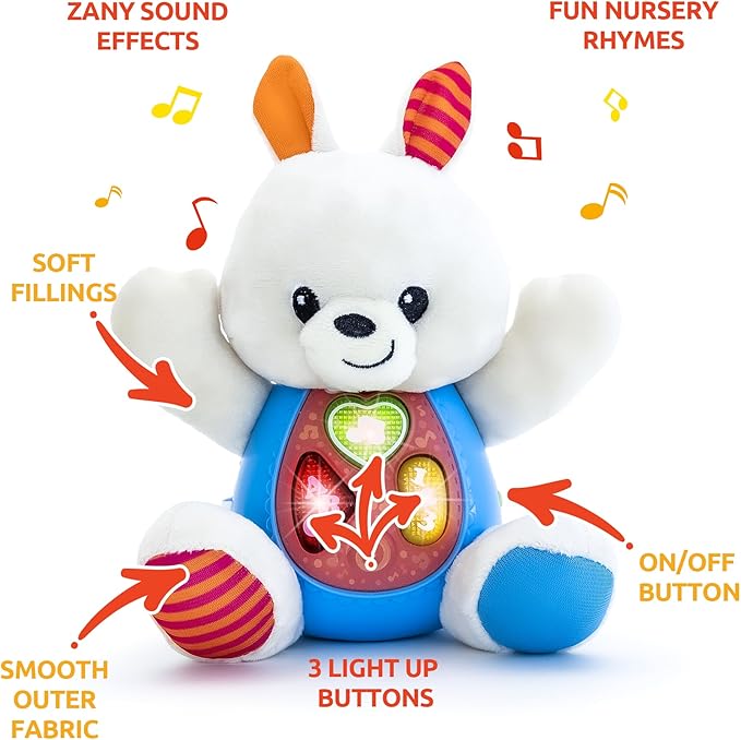 KiddoLab Easter Bunny Plush Toy - Musical Stuffed Animal with 3 Light-Up Buttons, 8 Fun Nursery Rhymes & Sound Effects - Soft Basket Stuffer for Infants, Babies, and Toddlers Aged 3 Months +