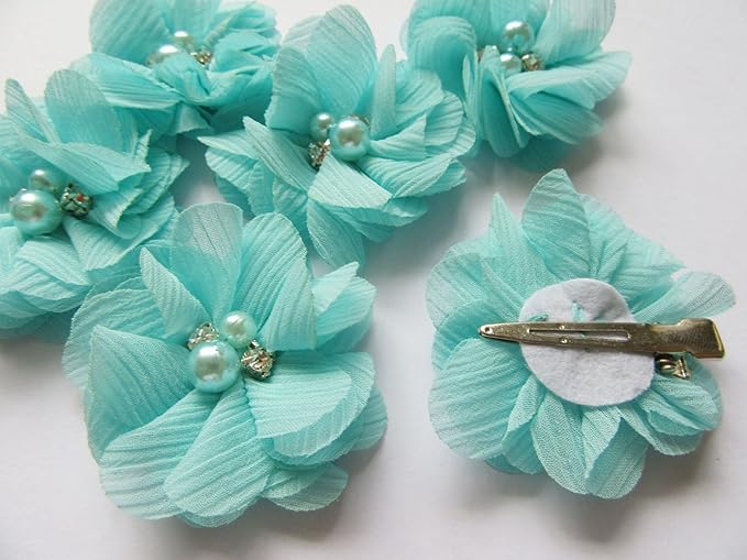 Baby Girls Chiffon Flower Hair Clips with Rhinestones and Pearl,YYCRAFT 10 pcs Party Wedding 2" Hair Accessory for Kids Toddler Infant Girls(Mint)