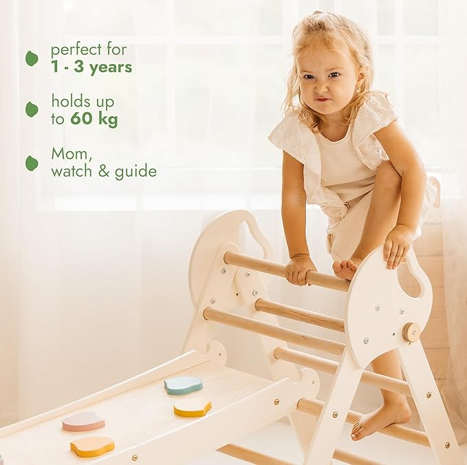 Goodevas 5-in-1 Toddler Climbing Toys Indoor Set - Pikler Triangle, Climbing Arch, Balance Cushion, Montessori Climbing Gym for Toddlers 1-3, Foldable Wooden Baby Activity Center, Jungle Gym for Kids