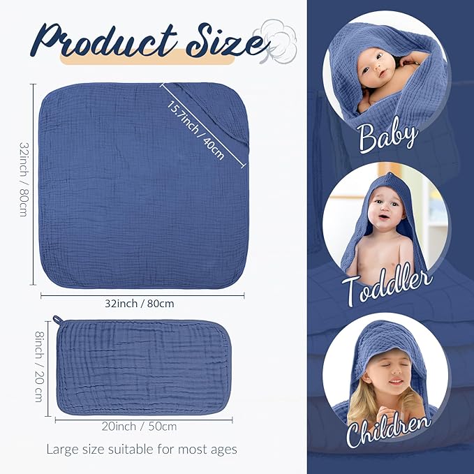 VitalCozy 12 Pcs Baby Muslin Hooded Bath Towels and Washcloths, Muslin Hooded Baby Towels Absorbent Blankets for Gift Newborn Infant Shower (Blue Style)